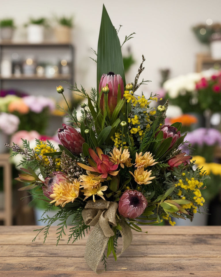 Bouquet of flowers with proteas and greenery on a white background