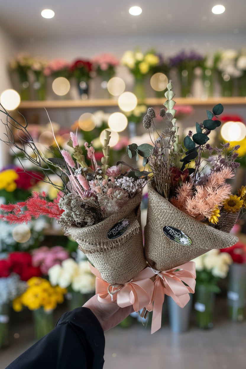 Bouquet of dried flowers in a textured paper wrap held by a person against a white background