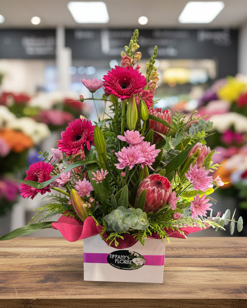 Floral arrangement with pink and green flowers in a box on a white background