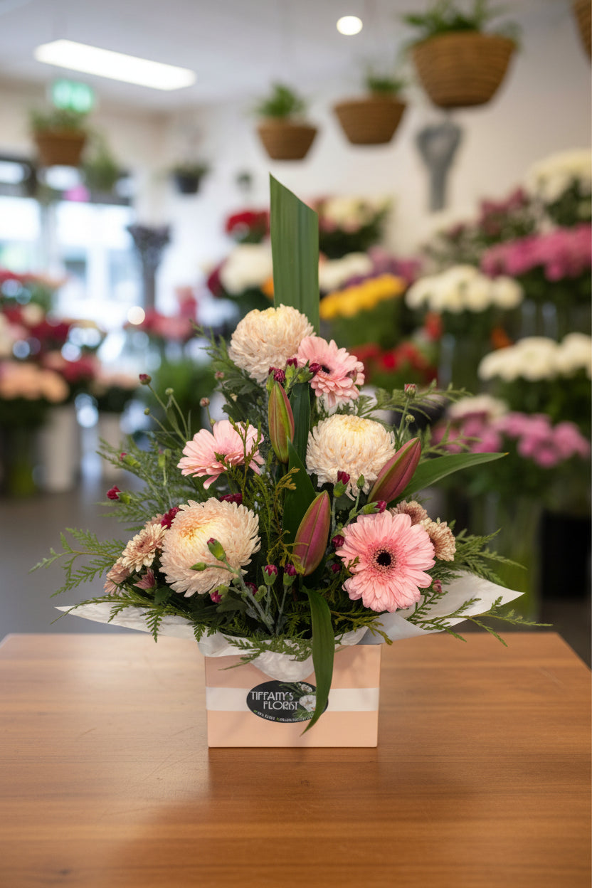 Bouquet of flowers with pink and white flowers in a box, brand 'Tiffany's Flowers' visible.