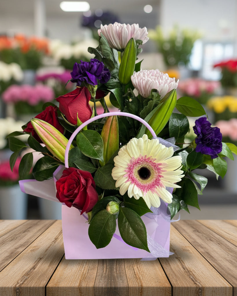 Colorful flower arrangement with a watering can on a white background