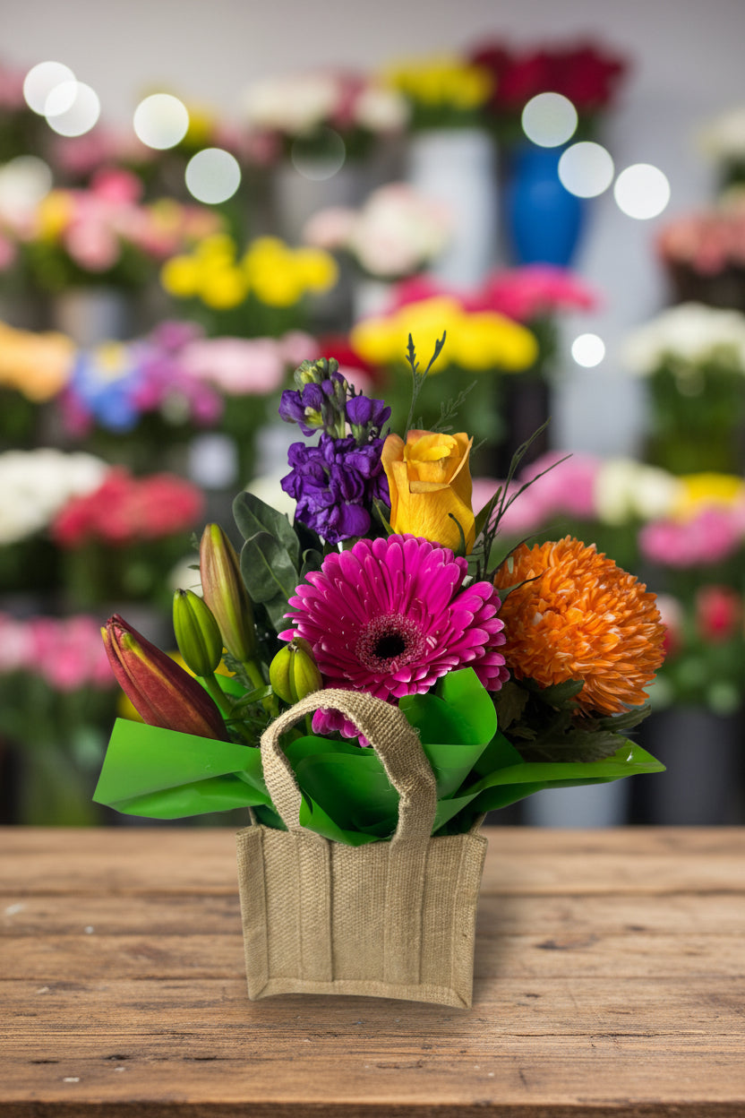 Colorful flower arrangement in a burlap bag on a white background