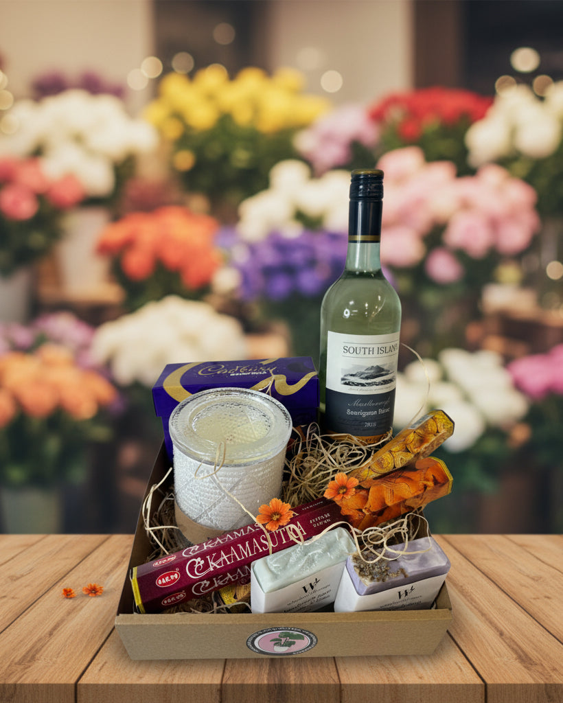Gift basket with wine, candles, and snacks on a white background