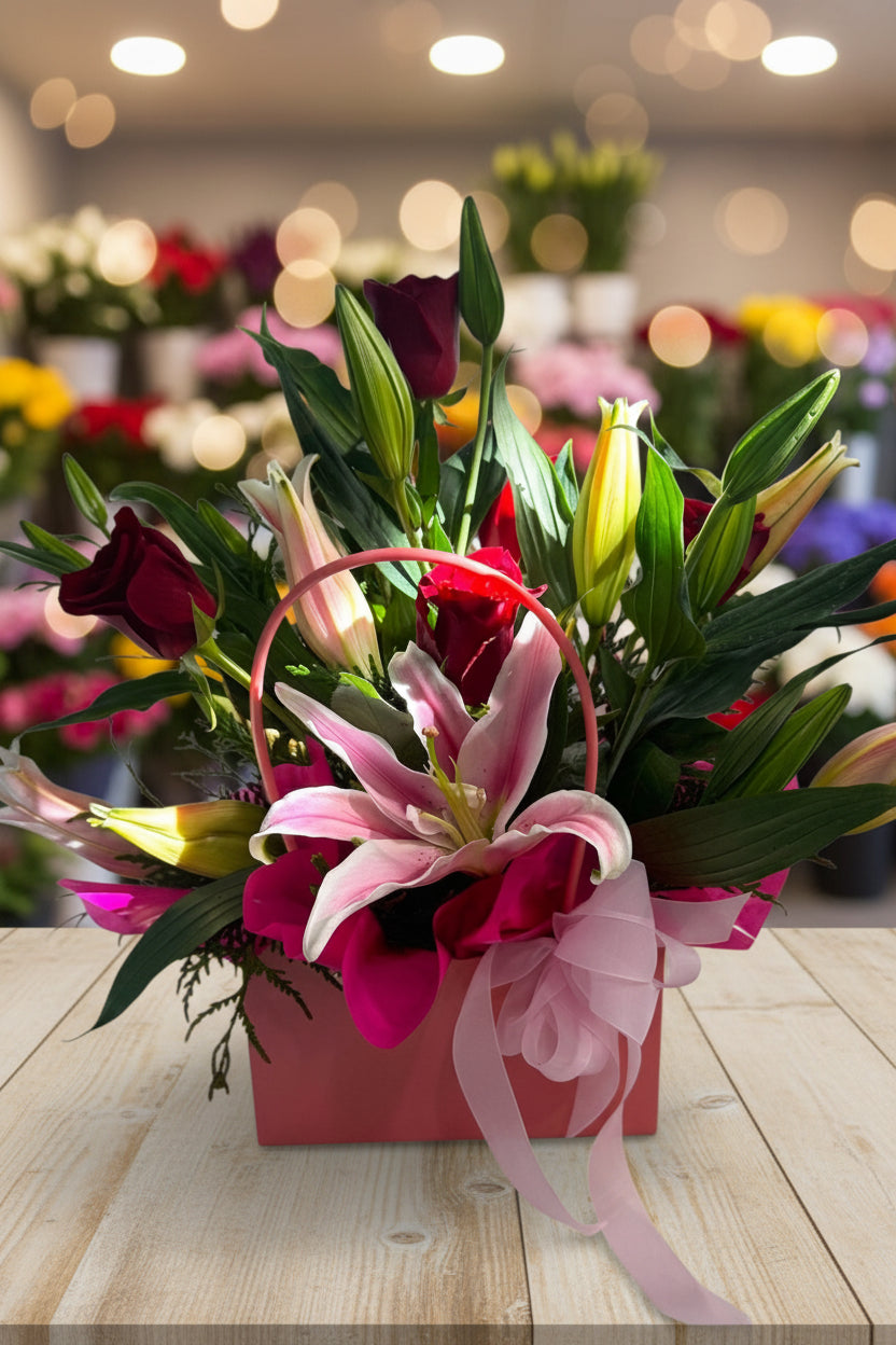 Bouquet of flowers with pink ribbon on a white background