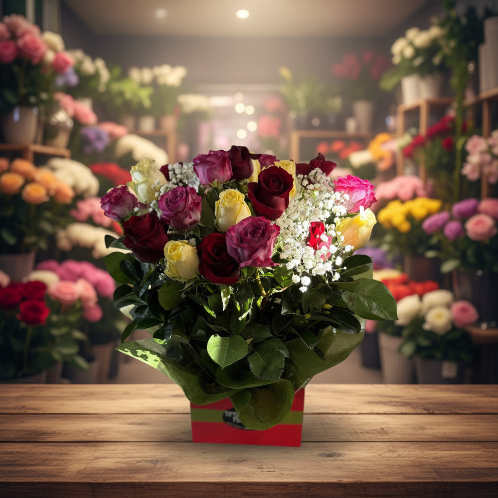 Bouquet of colorful roses with green leaves in a box on a white background