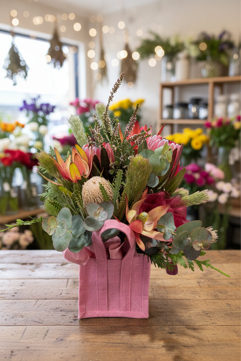 Bouquet of flowers in a pink bag on a white background