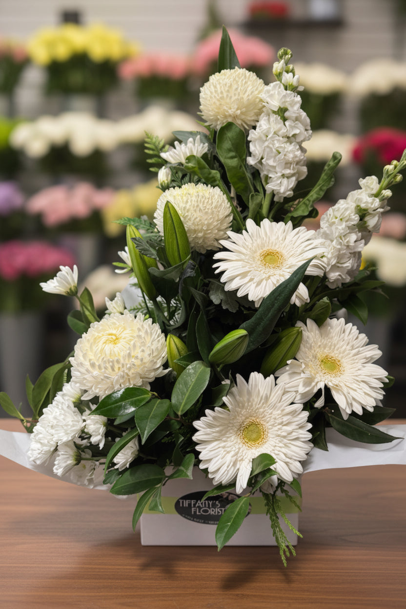 Bouquet of white flowers with green leaves in a box on a white background