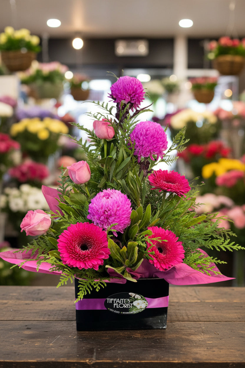 Bouquet of pink and purple flowers in a box with Tiffany's Flowers branding.