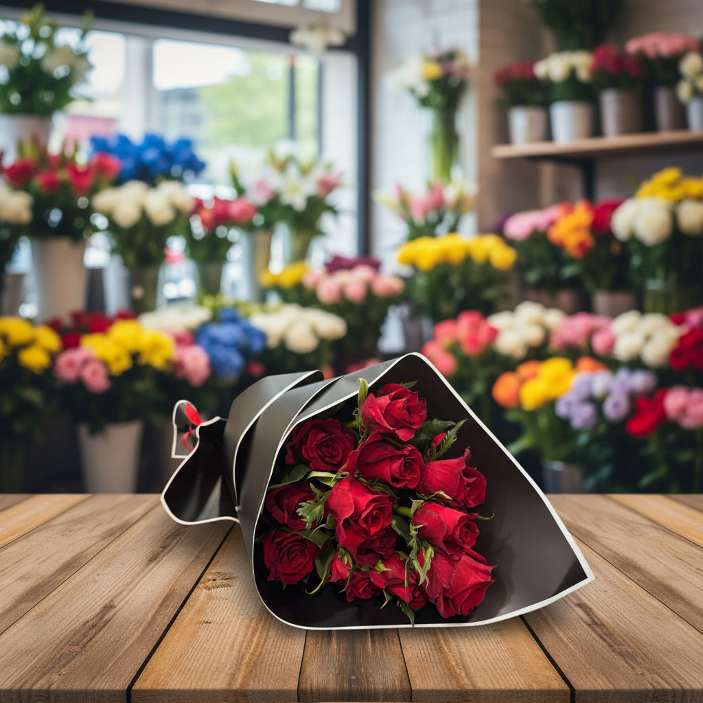 Bouquet of red roses wrapped in black paper on a white background