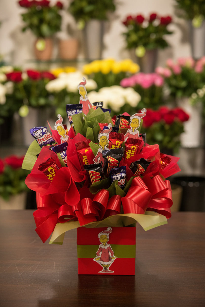 A festive Grinch-themed candy bouquet gift set in a red box with a large red bow, filled with assorted chocolate bars and wrapped in red and green tissue paper.