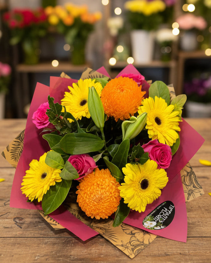 Bouquet of flowers with yellow, orange, and pink flowers on a white background