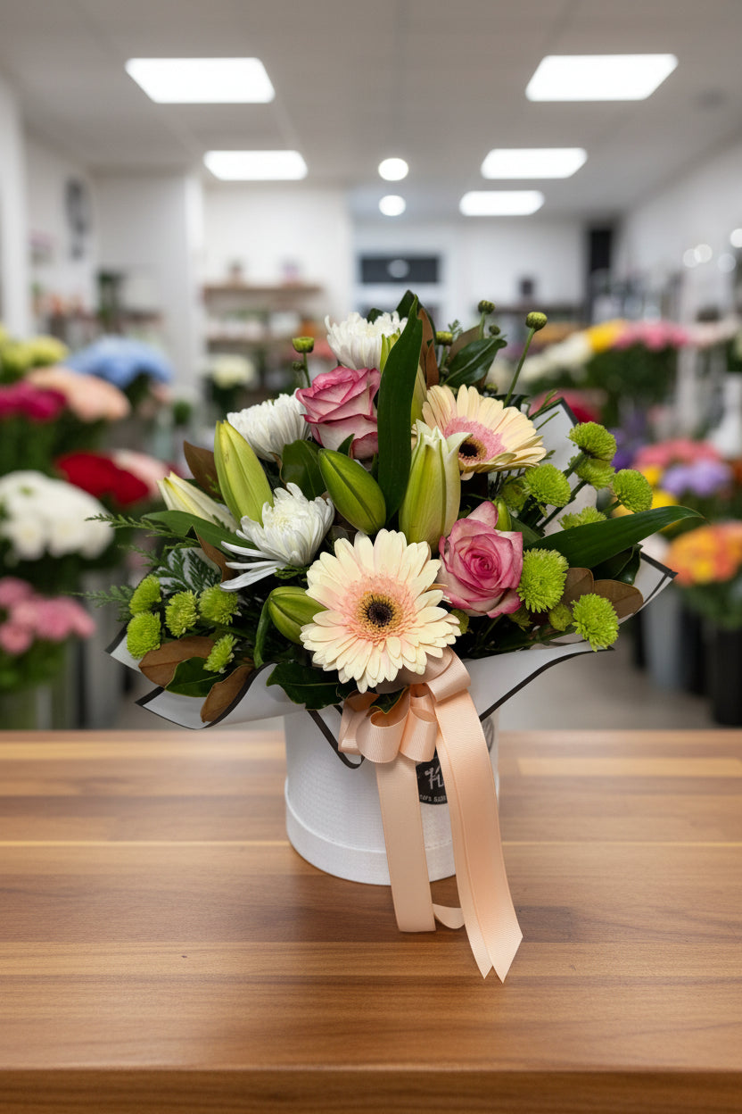 Bouquet of flowers with pink roses, white lilies, and greenery on a white background